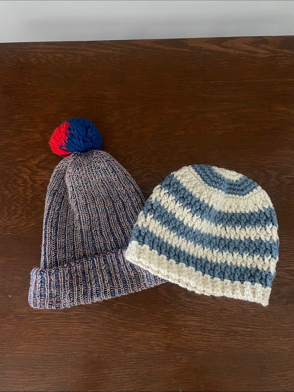 Kids Knit Pom Beanie and Striped Crochet Hat Set - Blue & White